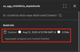 The Build info section of the instance details panel, showing a deleted aggregate and the reason it was deleted.