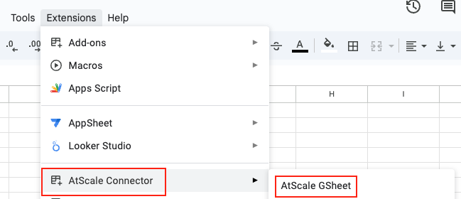 The Extensions menu in Google Sheets, with the AtScale Connector and AtScale GSheet options highlighted.