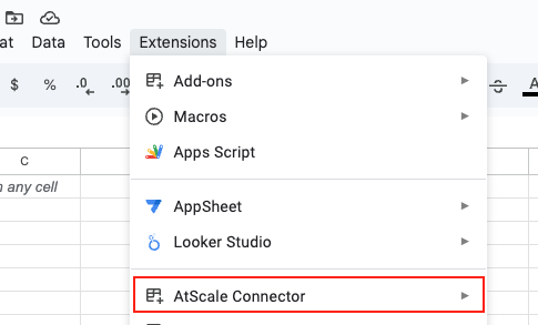 The Extensions menu in Google Sheets, with the AtScale Connector option highlighted.