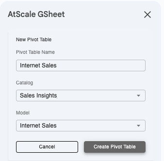 The New Pivot Table section of the AtScale GSheet panel.