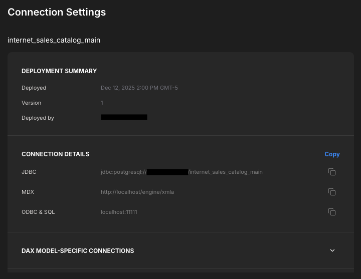 The Connection Settings tab for a deployed model.