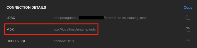 The Connection Details section of the Connection Settings tab, with the MDX field highlighted.