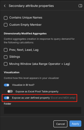 The "Secondary attribute properties" panel, with the "Expose as user-defined property" toggle highlighted.