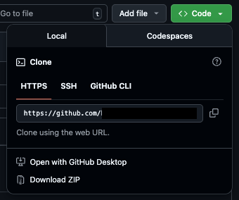 The Code menu in GitHub, showing the HTTPS URL for a repository.