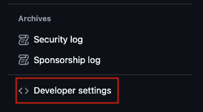The Settings page navigation in GitHub, with the "Developer settings" option highlighted.