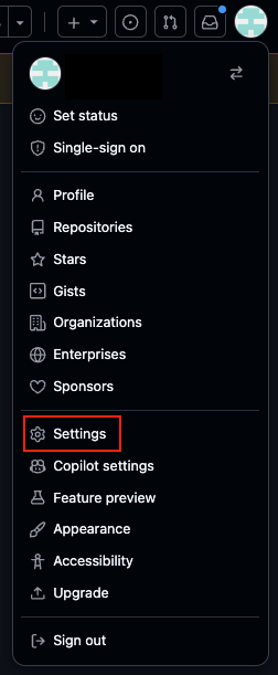 The profile menu in GitHub, with the Settings option highlighted.