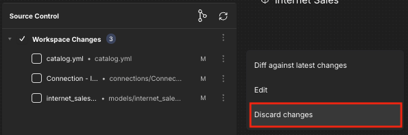 The Source Control panel, with the "Discard changes" menu option highlighted.