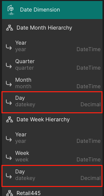 The Date dimension with the duplicate key levels highlighted.