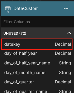 A date dimension dataset, with a potential key column highlighted.