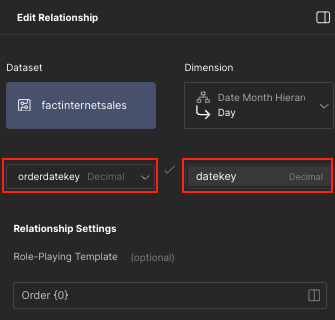 The Edit Relationship panel, showing how the selected key and foreign key have the same data type.