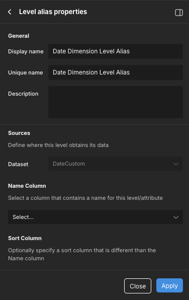 The Level alias properties panel.