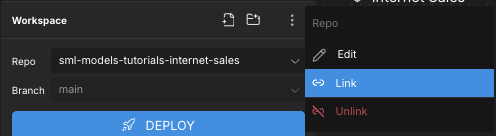 The Workspace panel context menu, showing options for editing, linking, and unlinking Git repositories.