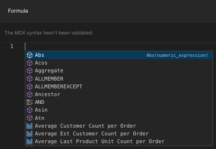 The MDX code completion window, listing supported MDX functions, operators, etc.