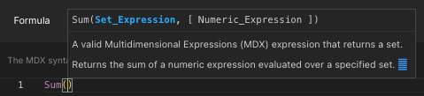 The MDX code completion window displaying information about the Sum MDX function.