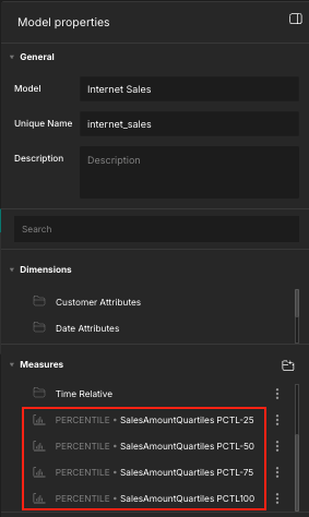 The "Model properties" panel, with a percentile metric ranked by quartiles highlighted.