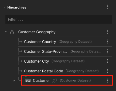 The Hierarchies section of the Dimension properties panel, with the SCD label highlighted.