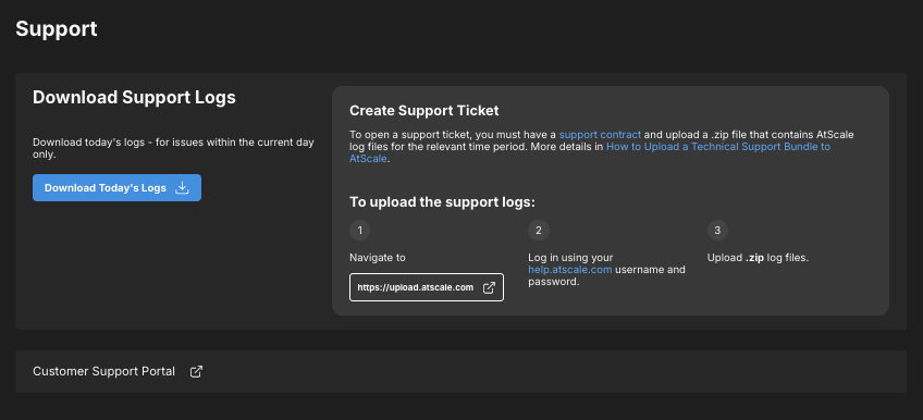 The Support page, showing areas for downloading logs, opening tickets, and accessing the Customer Support Portal.