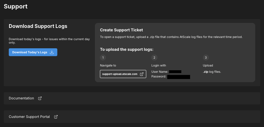 The Support page, showing areas for downloading logs, submitting tickets, and accessing the documentation and Customer Support Portal.