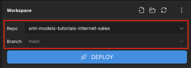 The Workspace panel, with the Repo and Branch fields highlighted.