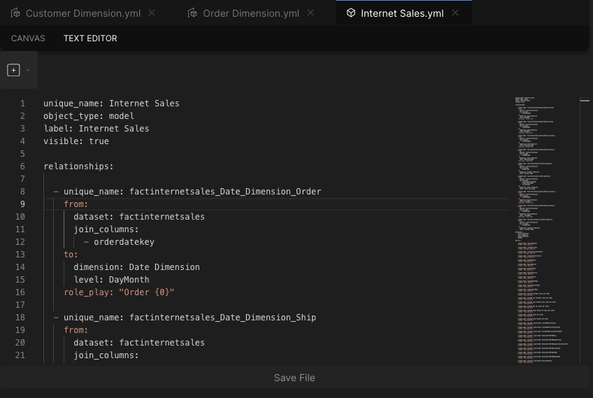 The Text Editor tab, displaying a model SML file.