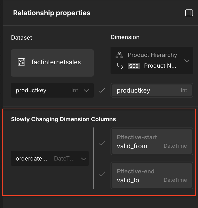 The Relationship properties panel, with the Slowly Changing Dimension Columns section highlighted.