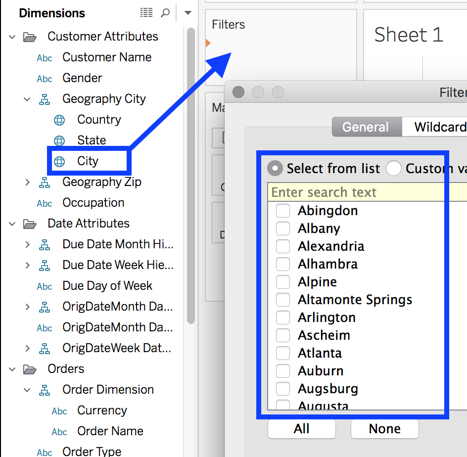 The filter dialog that appears in Tableau Desktop when the City level of the Geography City hierarchy is dragged into the Filters area.