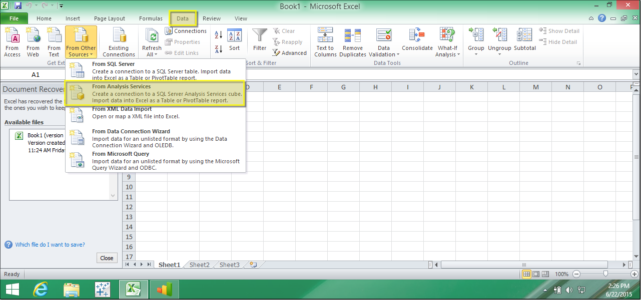 The From Analysis Services option in Excel.