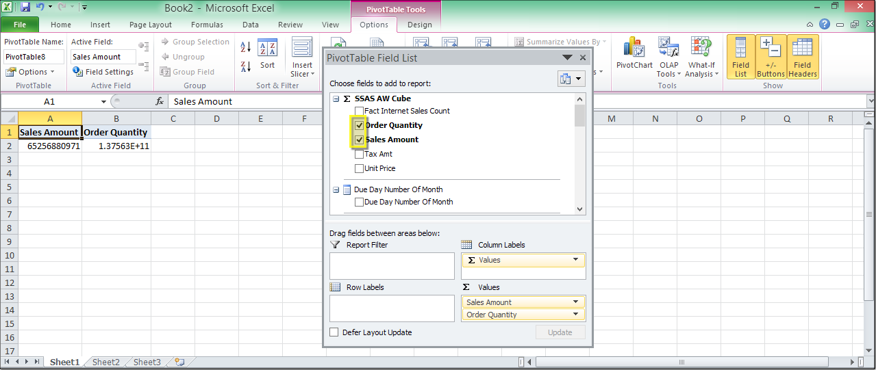 Fields from the model selected for the PivotTable report.